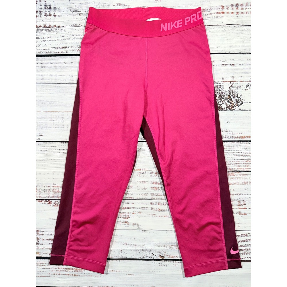 Nike Pro Dri-FIT Women Pink Burgundy Colorblock Capri Training Leggings Small